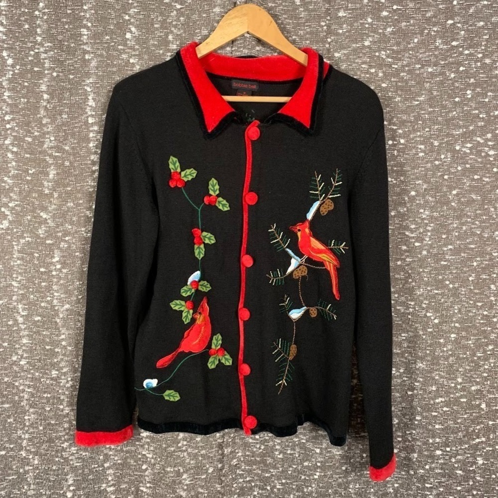 Bobbie Bell Knit Christmas Cardigan Sweater Embroidered Birds‎ Women's Medium